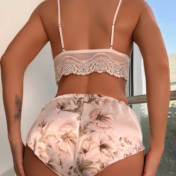 SEXY SATIN Floral Print Contrast Lace Lingerie Set *NEW* - Picture 2 of 5